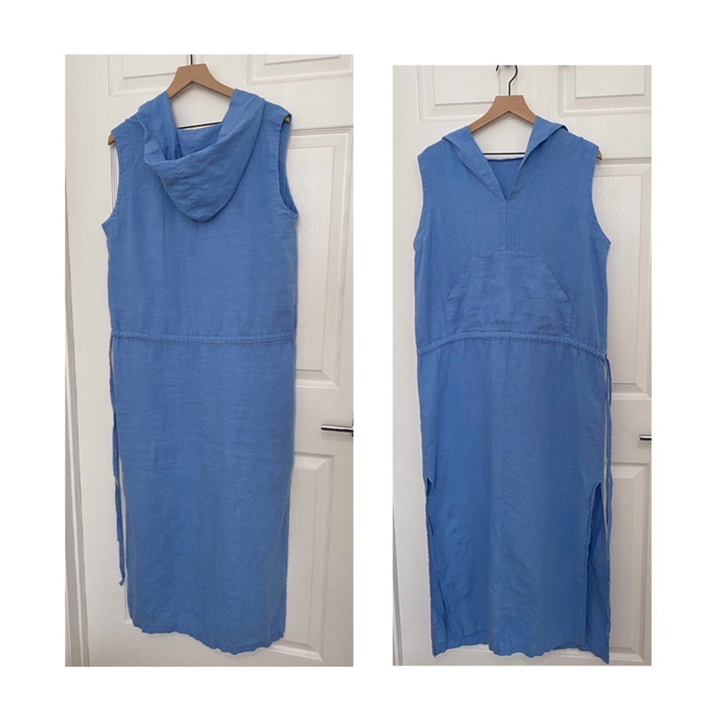 Linocolore light blue linen hooded dress with drawstring waist